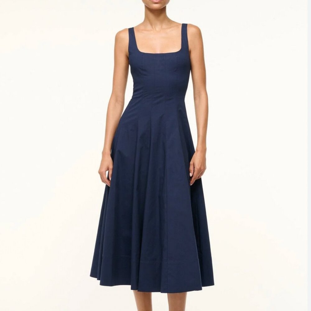 BEST STAUD Wells Midi Dress Sz6/8/10 Navy Blue Classic Cotton Party Wedding - Picture 10 of 12